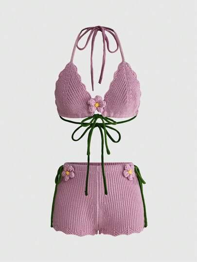 ROMWE Avant 女士性感度假风3D花卉装饰比基尼上衣和毛衣两件套