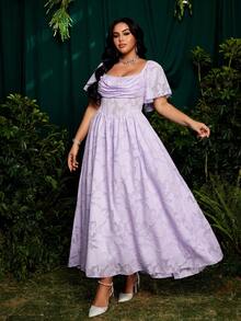 Roveilla Đầm dự tiệc mùa hè dáng xòe, cổ vuông, tay bồng, chất liệu chiffon jacquard, chất liệu thanh lịch, kiểu vintage, dễ thương, phối chân váy xòe. - Màu tím - Xem 4
