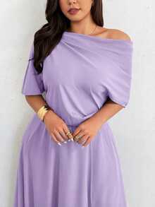 Firerie Plus Size Solid Color Asymmetrical Shoulder Short Sleeve Long Casual Elegant Summer Dress - Purple - View 3