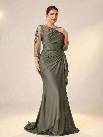 Serin Plus Size Elegant Luxurious Olive Green Sequin Patchwork High-Stretch Satin Asymmetrical Pleated 3/4 Sleeve Fitted Fishtail Hem Dress, Suitable For Evening Party, Gala, Music Festival, Wedding, Mother Of The Bride Gown