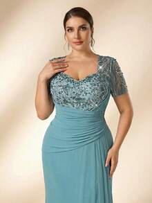 Serin Plus Size Elegant Romantic Mint Green Sweetheart Neck Puff Sleeve Luxury Embroidered Mesh Patchwork Pearl & Rhinestone Ruffle Mermaid Hem Formal Evening Gown (Intricate Design) Mother - Green - View 4