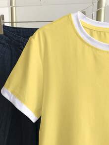 Resyla Women's Casual Lemon Embroidery Color Block Round Neck T-Shirt - Multicolor - View 4