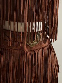 SHEIN ICON 大码女式纯色流苏吊带背心和迷你裙两件套，时尚约会流苏连衣裙，女士西部风情套装，波西米亚流苏套装，牛仔女郎套装，咆哮的二十年代套装，狂野西部套装，女士牛仔套装 - 棕色 - 查看 7