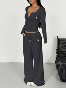 SHEIN EZwear 女士针织长袖上衣和裤子休闲套装（2件套） - 深灰色 - 查看 3