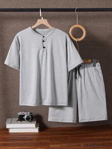 2pcs Teen Boys' Fashionable Grey Polo Shirt And Knit Shorts Set,Summer Soft And Comfortable Fabric,Suitable For Outings,Photography,Sports & Casual - Grey - View 9