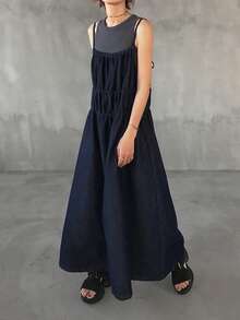 FRIFUL Đầm denim xếp ly dáng rộng thoải mái mùa hè dành cho nữ - Màu xanh lam - Xem 2