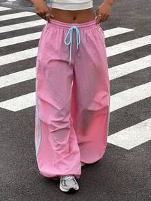 Muchica Casual Sports Colorblock Striped Wide Leg Pants - Pink - View 8