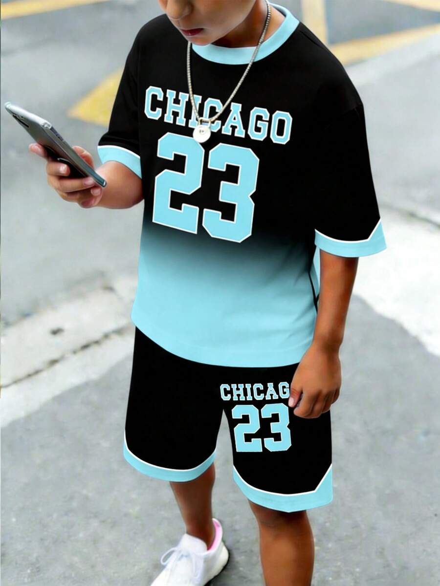 Coolqubz 2pcs/Set Teenage Boys Short Sleeve Round Neck T-Shirt + Pocket Shorts - Multicolor - View 1