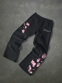 Manfinity EMRG Men's Letter & Floral Pattern Drawstring Waist Wide Leg Sweatpants - Black - View 2