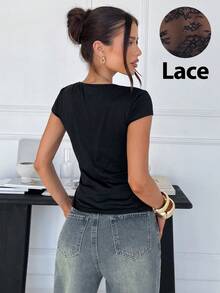 Siren Gaze 春夏新款蕾丝拼接荷叶边领T恤，女士优雅黑色弹力修身褶裥收腰显瘦上衣 - 黑色 - 查看 2