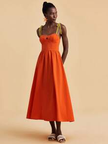 Travachic 女士撞色褶皱肩部打结设计连衣裙，热带风情，波西米亚风，西部风情，夏季连衣裙，夏季套装，女士夏季连衣裙，女士优雅连衣裙，女士度假套装，节日连衣裙，女士复活节连衣裙，沙滩连衣裙 - 橘色 - 查看 8