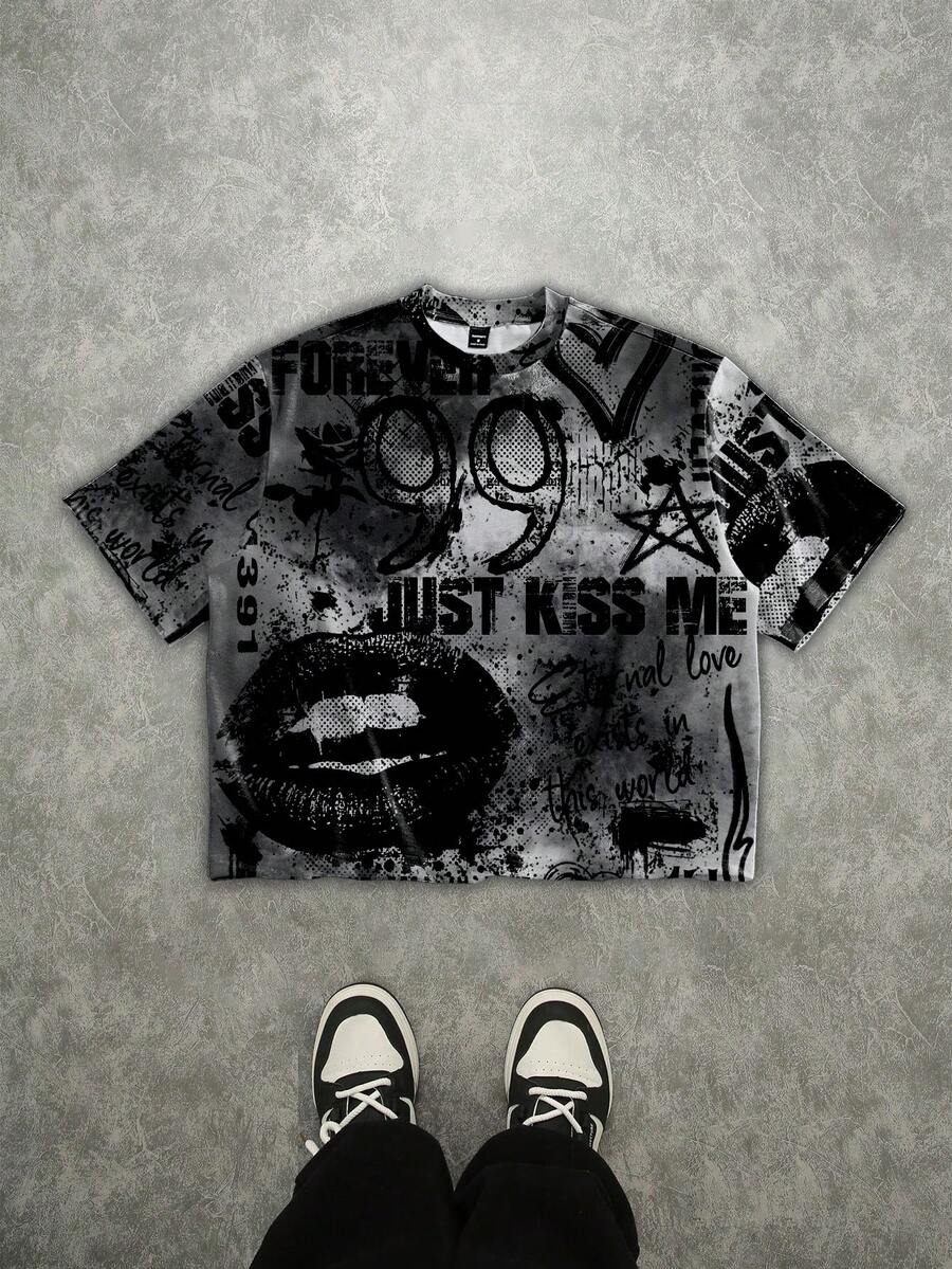 Manfinity ZONE917 Áo thun crop top dáng rộng, thoải mái kiểu streetwear với họa tiết graffiti môi đỏ "JUST" - Nhiều màu - Xem 1