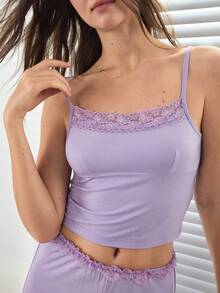 Ocili 2 piezas Conjunto de pijama con camiseta de encaje y pantalón de cordón suave y cómodo, minimalista para mujer - Morado - Ver 5
