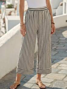 Faunlyn 女士休闲条纹印花松紧腰宽松阔腿裤夏季女式宽松裤 - 彩色 - 查看 3