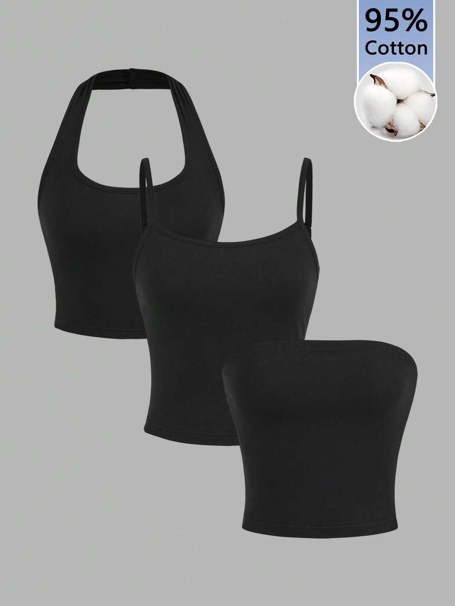 SHEIN EZwear 3pcs/Set Casual Sexy Camisole Crop Top Set, Spring/Summer Basic - Black - View 1