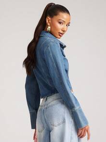 NYA SZN Women's Casual Washed Front Button Long Sleeve Fitted Denim Blouse, Autumn - Dark Wash - View 2