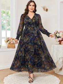 Reflora 大码优雅印花V领系腰连衣裙，秋季款 - 彩色 - 查看 12