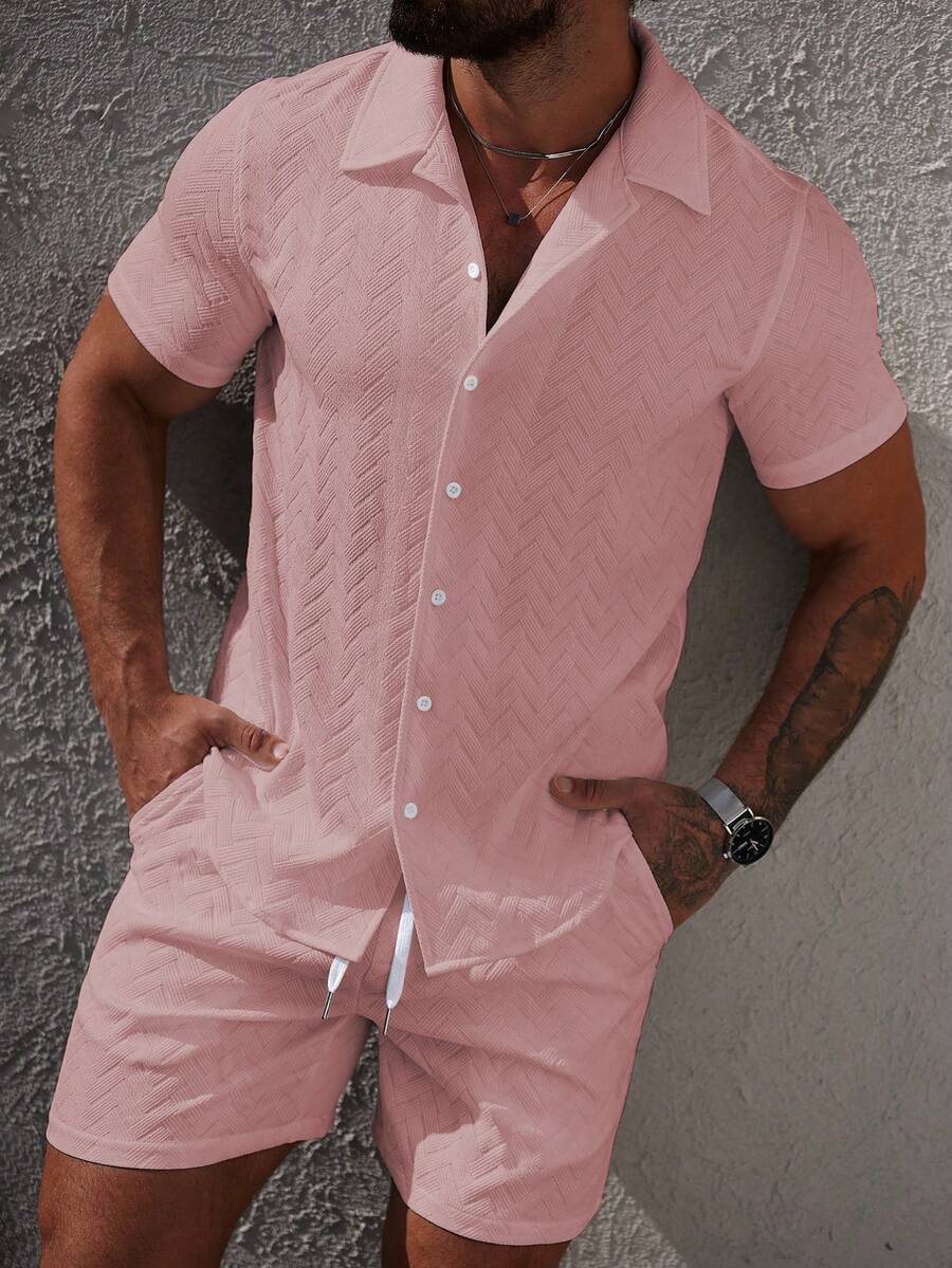 Manfinity CasualCool Men's Solid Color Casual Short Sleeve Shirt Set, Versatile For Summer - Pink - View 1