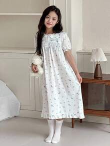 DAZY Tween Girls Soft & Comfortable Printed Ruffle Collar Long Sleeve Dress, Casual Loungewear - White - View 5