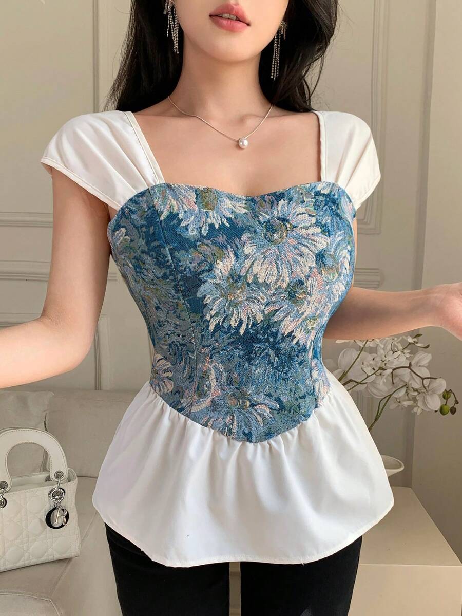 Celisse Women's Fashionable Elegant Floral Drawstring Fitted Blouse - Dark Green - View 1