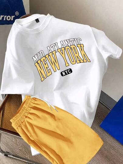 Manfinity Joysei Conjunto de top de punto blanco ajustado y pantalones cortos tejidos amarillos para hombre