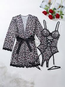 Bare Chapter 5pcs Set: Sexy Classic Leopard Print Bodystocking + Robe + 2 Garters + Belt - Black - View 5
