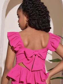 少女休闲日常度假短袖纹理紫红色背心和裤子套装 - 玫紅色 - 查看 3