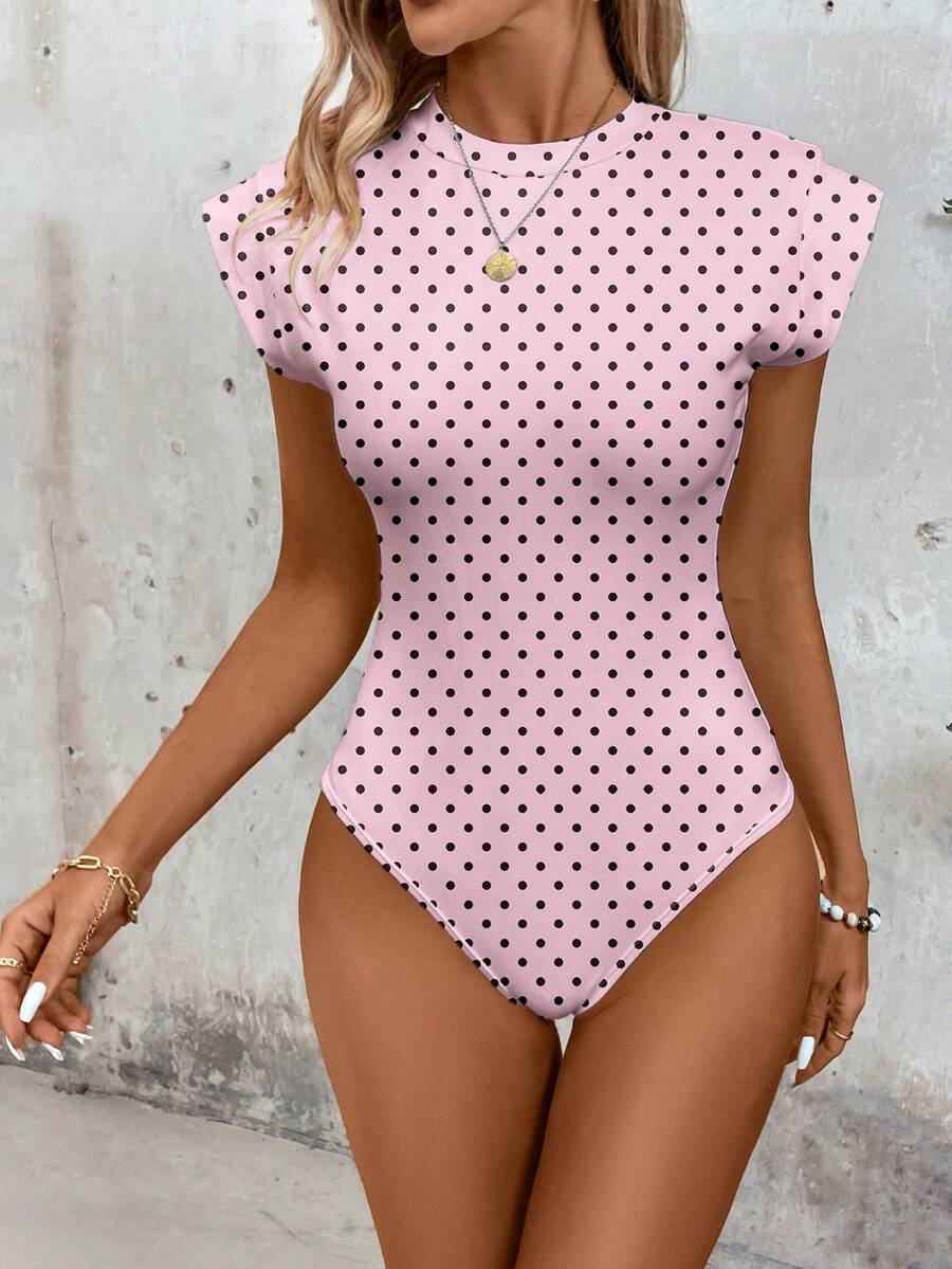 SHEIN LUNE Women's Casual Pink Polka Dot Print Bodysuit, Suitable For Spring And Summer - Multicolor - View 1