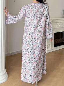 Al Najma Plus Size Women Elegant Floral Print Split Sleeve Arabic Style Dress - Multicolor - View 3