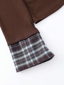 Lalippa New Retro 2 In 1 Plaid Patchwork Black Polo Collar Long Sleeve T-Shirt - Coffee Brown - View 4
