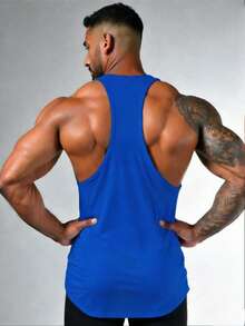 GymBeat Men's Barbell Print Casual Fitness Workout Tank Top, Gym - Blue - View 2