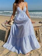 Sunnyshic Robe d'été femme à col en V bleu rayé, dos nu avec nœud papillon à la taille. Style sexy et romantique pour la plage et les stations balnéaires