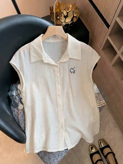 GlowEve 休闲百搭度假简约宽松蝙蝠袖刺绣柔软衬衫，杏色，女士夏季上衣