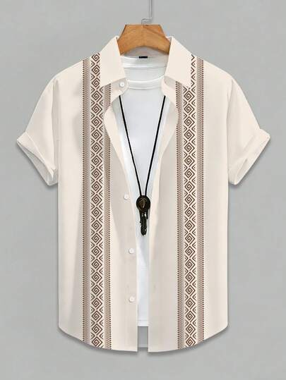 Manfinity RSRT Camisa masculina casual de manga curta para férias, camisa de manga curta com estampa boêmia, camisa masculina de manga curta com estampa geométrica