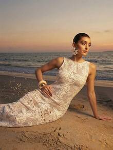 Silquee Women's Sheer Mesh Knit Jacquard Dress, Spring/Summer Vacation Holiday  Valentine's Day Easter Boho Western Festival Sexy Going Out Gown For Prom Night Party Prom Formal Club Beachwear Dazy Friful Women Crochet Lace Hollow Out Maxi Dress Long Sleeveless Evening Party Dress For Summer Beach
Elegant Women's White Lace Sleeveless Scoop Neck Maxi Dress With Side Slit Perfect For Summer Evening
Chic Women's Crochet Floral Lace Maxi Dress With Open Back And Slit For Special Occasions And Beachwear - White - View 8