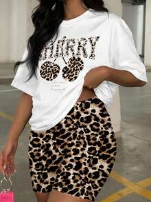 Slaydiva Casual Loose Leopard Print Cherry Pattern Round Neck Short Sleeve T-Shirt And Shorts Set, Suitable For Summer Music Festivals, Plus Size - Brown - View 1