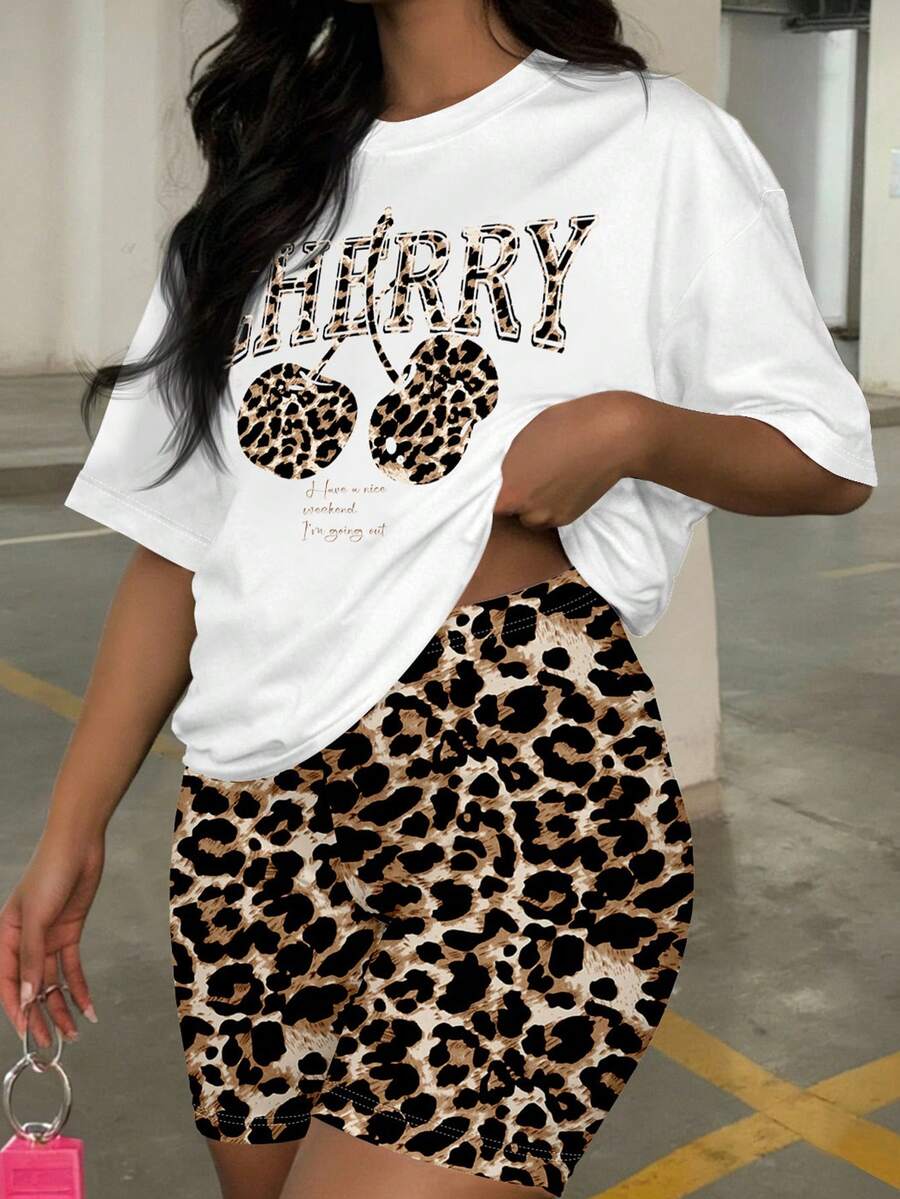 Slaydiva Casual Loose Leopard Print Cherry Pattern Round Neck Short Sleeve T-Shirt And Shorts Set, Suitable For Summer Music Festivals, Plus Size - Brown - View 1