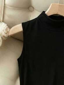 SHEIN Holidaya Fashionable New High Collar Sleeveless Slim Fit Tank Top + Shiny Leather Asymmetrical Hem High Waist Bodycon Skirt, Spring/Summer Two Pieces Set - Black - View 3