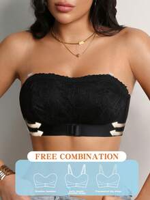 1pc Women's Lace Wireless Bralette, Sexy Thin Padded Front Closure Lift Up Bra - Black - View 3