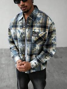 PAVTROS Men's Letter & Patch Print Long Sleeve Single-Breasted Casual Pocket Shirt Men's Boxy Shirt Crop Men's Shirt Men's Shirt Grunge Men's Cropped Button Up Plaid Jacket Men - Multicolor - View 3