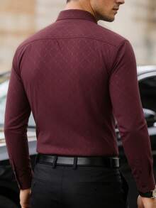 Manfinity Mode 男士纽扣长袖修身商务正装衬衫，长袖男士衬衫，酒红色正装衬衫，男士红色正装衬衫，男士时尚正装衬衫，酒红色图案正装衬衫。送给男朋友或丈夫的绝佳礼物，秋季 - 酒紅色 - 查看 2