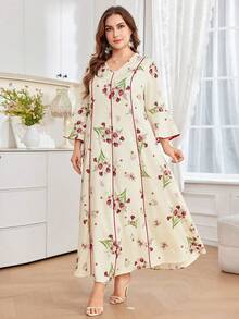 SHEIN Najma Đầm casual cổ chữ V in hoa dành cho nữ cỡ lớn, thích hợp dự tiệc và đi chơi. - Màu Đỏ Sâu - Xem 3