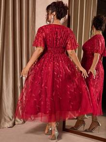 Allurite Plus Size Elegant V-Neck Mesh Sequin Ruffle Hem Party Dress, Red - Red - View 3