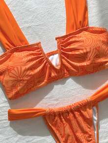 Swim Vcay Conjunto de bikini estampado sexy para mujer, atuendo para vacaciones en la playa/piscina en verano - Naranja - Ver 5