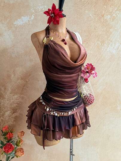 Soleia Women's Retro Draped Neck Top And Ruffle Hem 2 Pieces Set, Summer Vacation