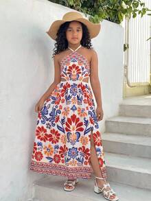 SHEIN Tween Girls' Summer Vacation Casual Floral Print Side Slit Hem Halter Dress Tween Tropical Dress Girls Tropical Dress Summer Dress Tween Girls Midi Dress Tropical Print Dress Girls Halter Midi Dress Tropical Print Midi Dress - Red - View 2