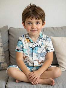 SHEIN 2pcs Young Boy Cute Dinosaur Pattern Collared Cardigan & Shorts Pajama Set, Summer - Multicolor - View 4