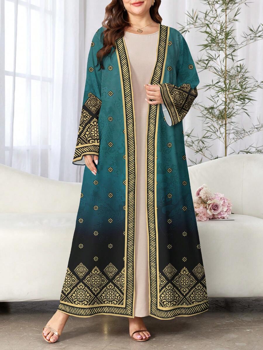 SHEIN Najma 复古花卉植物印花渐变色大码女装连衣裙,优雅阿拉伯风格长款睡袍,春秋季长袖开衫外套,亚洲时尚 - 彩色 - 查看 1