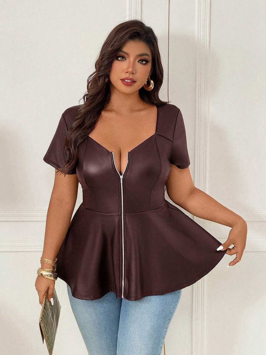 SHEIN Clasi CURVE 女款大尺碼新款純色方領挖空 A 字版型彈性 PU 上衣,修身遮臀 - 棕色 - 查看 1