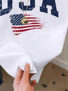 Teen Girl Cropped Round Neck Short Sleeve T-Shirt, Retro USA Flag Print, Suitable For Summer - Multicolor - View 3